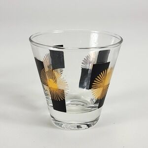 Vintage MCM Atomic Double Shot Glasses Black Block Gold Starburst Set of 2